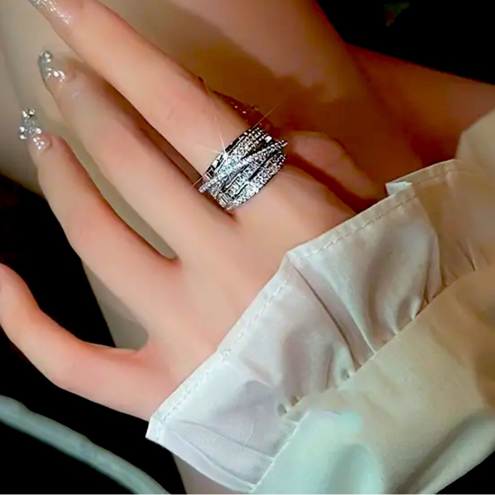 Caroline Ray Cross Cross Stacked Diamond Layered Ring Open Back Silver on steel